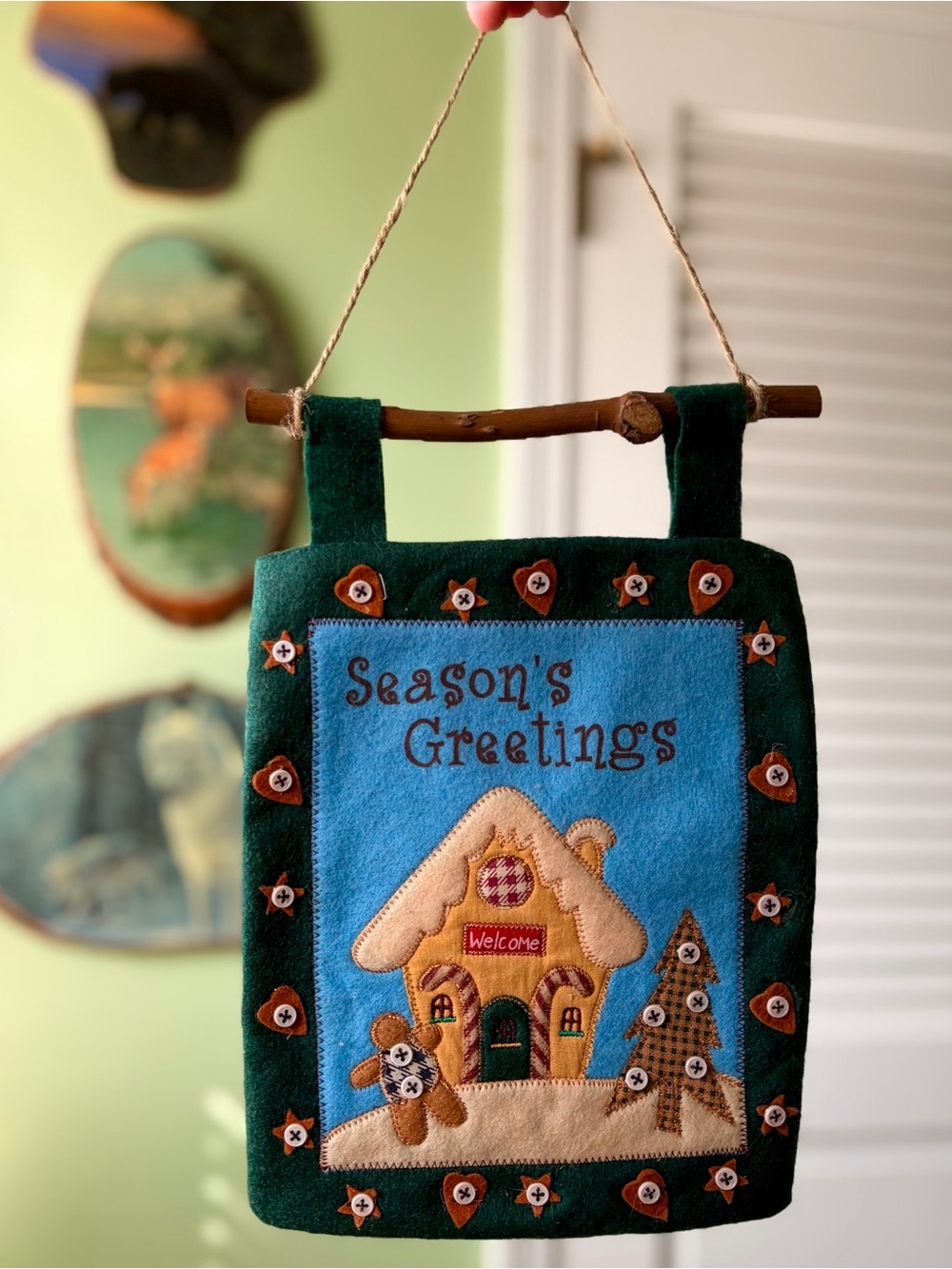 Season's Greetings Felt Holiday Wall Hanging - Green/Blue Gingerbread Man Cabin